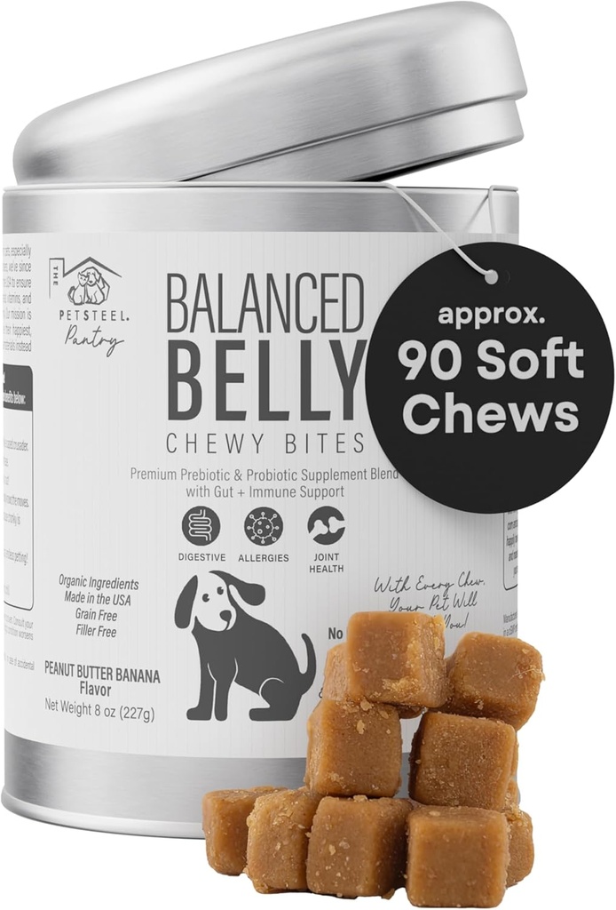 Köpekler için Dengeli Belly Probiyotikler - Prebiyotikler, Antivirüsler ve Ortak Destek - Gut Health, Diarrhea Relief için Probiyotikler ve Itchy Skin - 90 Soft Chews