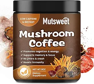 Mushroom Coffee, Lion's Mane ile 1 Mushrooms Toz, Türkiye Tail, Chaga & More, Immune Boosting Instant Arabica Coffee Mix with Cacao, L-Theanine for Focus, Energy