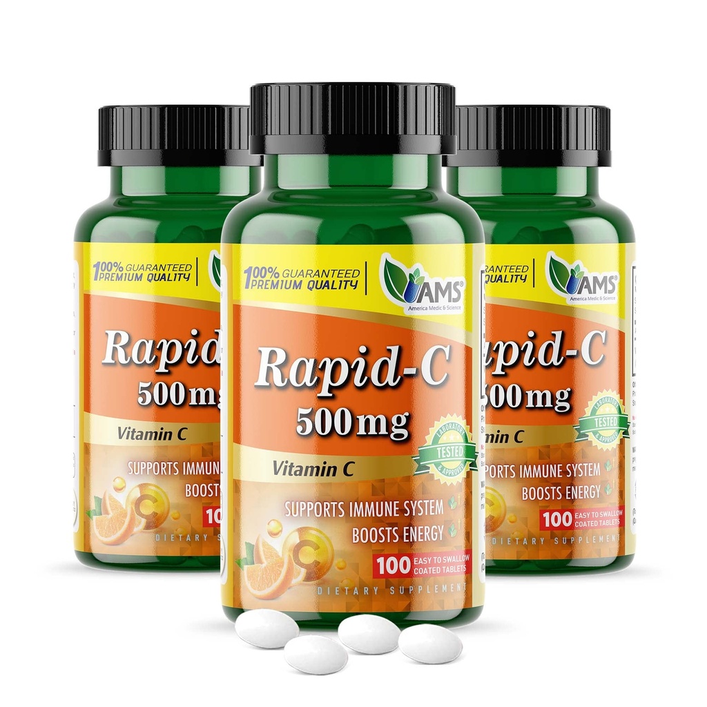Amerika Medic & Science Rapid-C 500 mg Vitamin C Supplement (3 100 Tablet Paket) Enerji ATM, Günlük Immune Sistem Desteği, Antioksi | Vegan, Non-GMO, Yetişkin Erkekler ve Kadınlar için Ascorbik Asit