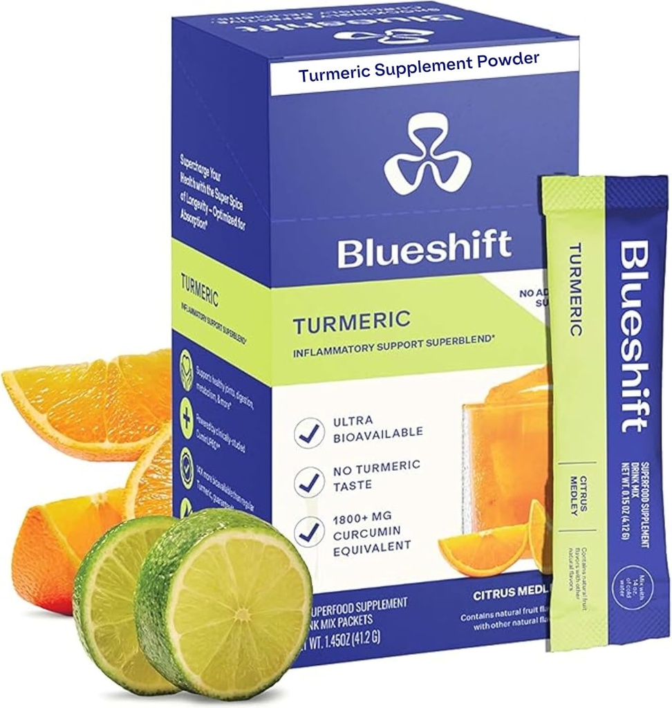 Blueshift Turmeric Citrus Medley - Turmeric Powder Packets για το νερό, Turmeric Curcumin Supplement, No Sugar Drink Mix for Natural Recovery Support - Citrus Flavor, Powder Sticks (10 Pack)