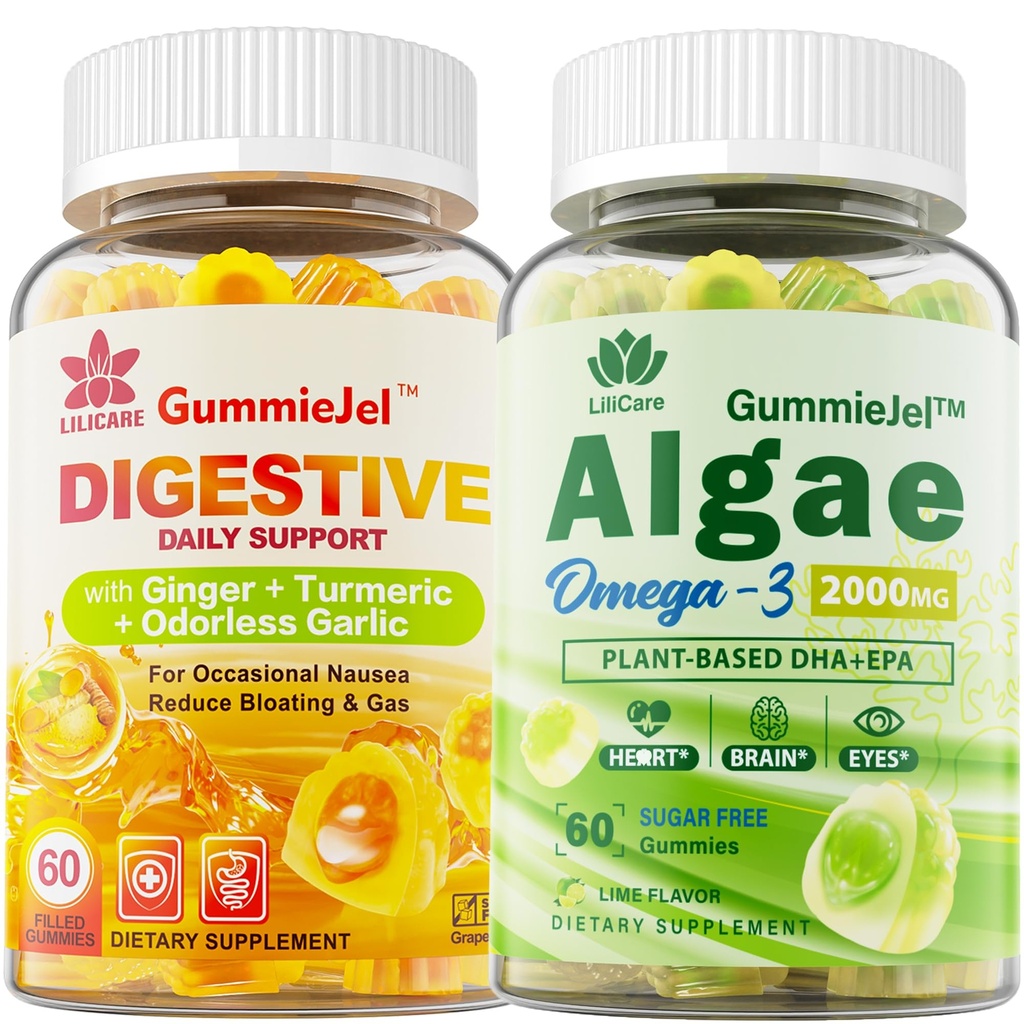 Χωρίς ζάχαρη Ωμέγα 3 Λιπαρά Οξέα 2000mg Με 640mg DHA & 290mg EPA, Πολυβιταμίνη, CoQ10, Ασταξανθίνη + Ginger Filled Gummies for Nausea - Stomach Relief - Εξαιρετικά Απορρόφηση για Digestive Υποστήριξη