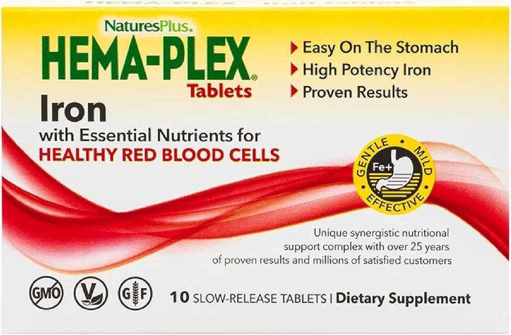 NaturesPlus Hema-Plex Iron - 10 Slow-Release Tabletleri - 85 mg Chelated Iron - Total Blood Health - C & Bioflavonokles - Vegan, Gluten Free - 10 Hizmetler
