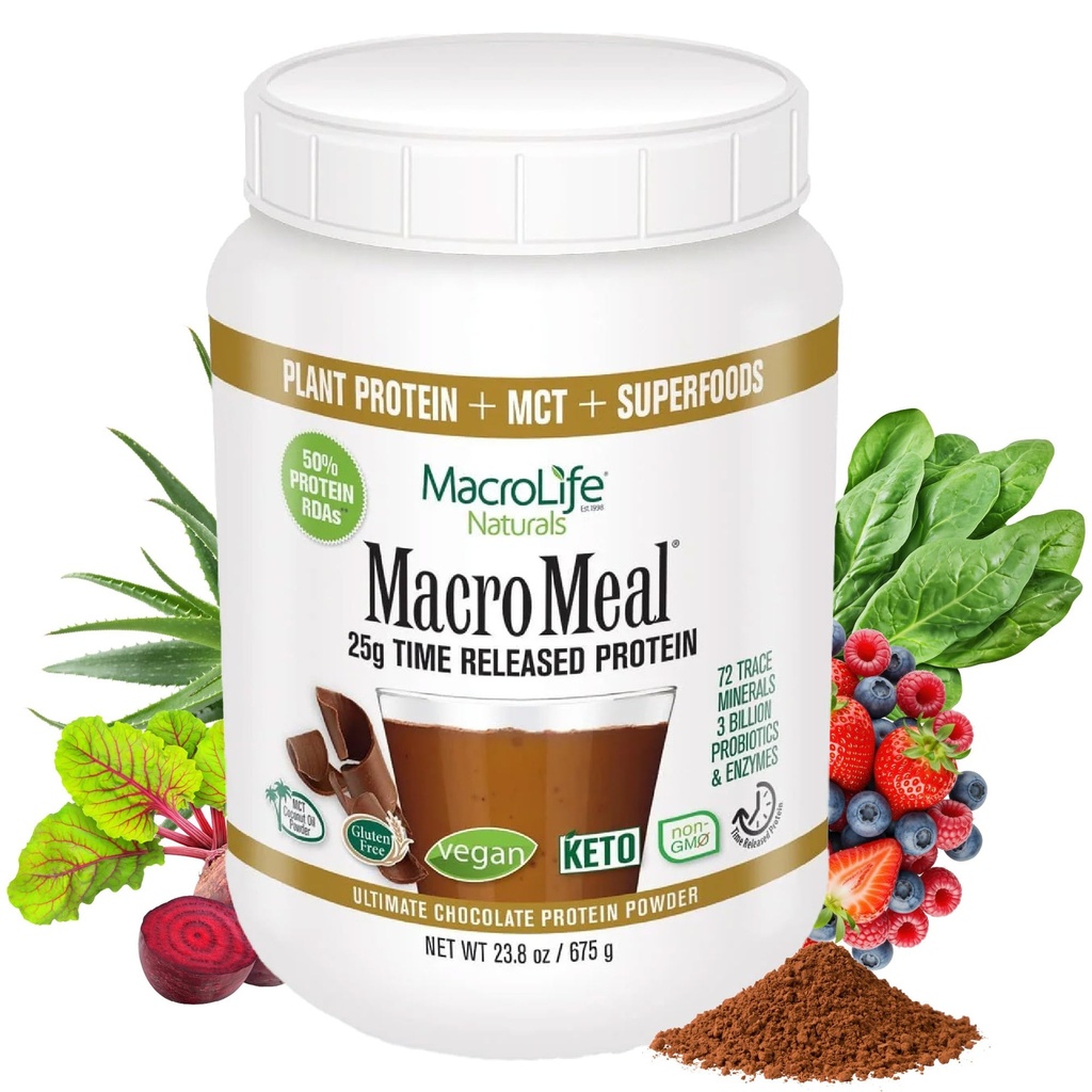 MacroLife Naturals MacroMeal Vegan Chocolate Protein Powder Superfood Greens Probiotics + Fiber, ανοσοποιητική ενέργεια Diestive Καθημερινή Απαραίτητα για γυναίκες & άνδρες Gluten-Free - 23.8oz (15 σερβίροντας) σοκολάτα