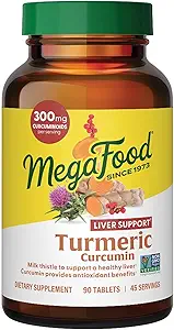 MegaFood Turmeric Curcumin Supplement for Liver Support - Turmeric Supplement with Black Pepper & Milk Thistle - 300 mg Curcuminoids Per Service - Vegan, Gluten Free, NonGMO - 90 Tabletler, 45 Hizmetler