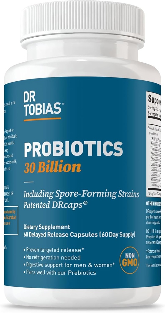 Dr. Tobias Probiotics 30 Δισεκατομμύρια, 10 Strains, 30 Δισεκατομμύρια CFU's, Στοχευμένη απελευθέρωση Προβιοτικά για γυναίκες & άνδρες, Υποστηρίζει Digestive Υγεία, Ράφι-Stable, Μη-ΓΤΟ, 60 κάψουλες, 60 Υπηρεσίες