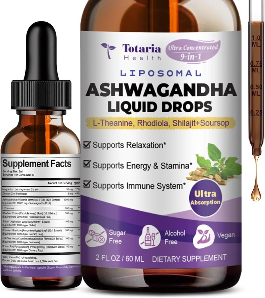 Totaria Liposomal Ashwagandha Liquid Drops (7% Withanolides) w/Soursop Bitters, L-Θεανίνη, Μαγνήσιο, Shilajit, Μέγιστη απορρόφηση, Φυσική Ενέργεια, Cortisol Health for Women & Men, Non-GMO, 2 Fl Oz