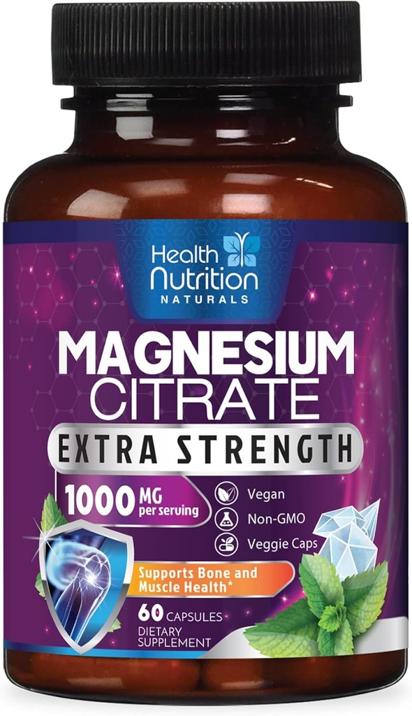 Magnezyum Citrate Capsules 1000 mg - Max Abors Magnezyum Toz için, Nerve, Bone and Heart Health Support, High Abxia Citrate Complex, Gluten Free, Non-GMO - 60 Capsules