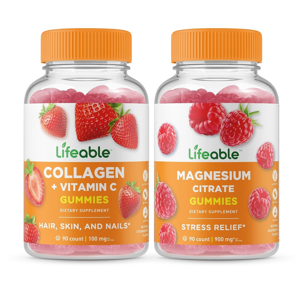 Ζωηρό Κολλαγόνο & Βιταμίνη C + Μαγνήσιο, Gummies Bundle - Μεγάλη γεύση, συμπλήρωμα βιταμίνης, χωρίς γλουτένη, GMO δωρεάν, Μασώμενη Gummy