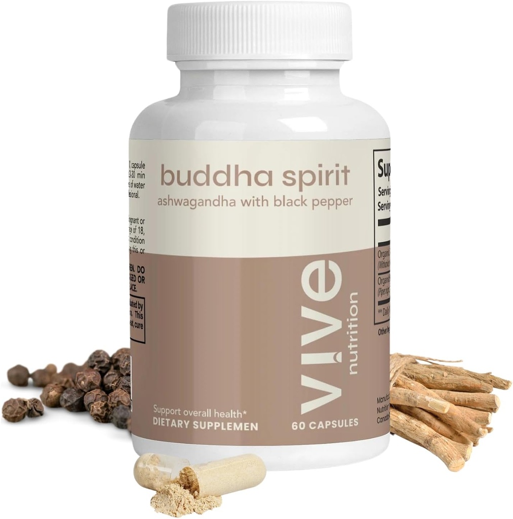 Buda Ruh Ashwagandha Capsules with Black Pepper - 100% Organik, Vegan & Gluten-Free - 60 Kont, 30 Günlük Supply