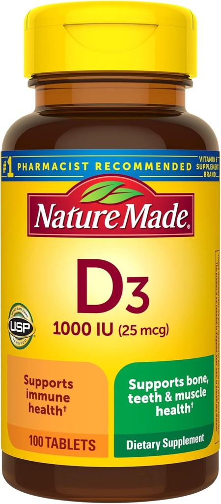 Nature Made Vitamin D3 1000 IU (25 mcg), Vitamin D Supplement for Bone, Teeth, Muscle and Immune Health Support, 100 Tablets, 100 Day Supply