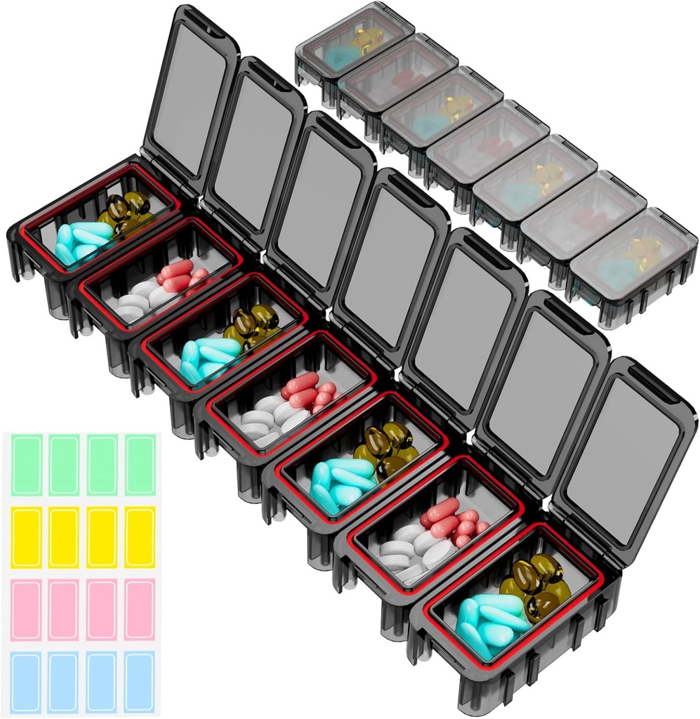 Restree Weekly Pill Organizer, 7 bölüm Portatif Pill Box Bir Gün, Moisture-Proof Travel Pill Case, Pill Storage Box for Vitamin, Medicine, Fish Oil/Supplements (Black)