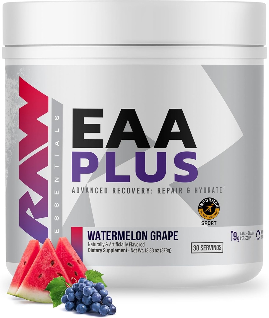 RAW EAA Plus, Amino Asits Toz, Watermelon Grape (30 Hizmet) - Gelişmiş Endurance, Recovery & Lean Kas Büyümesi için · BCAA Amino Asits Supplement for Men & Women