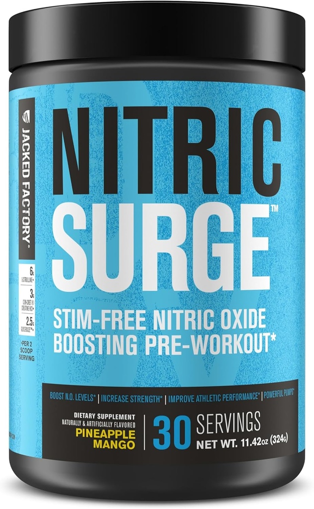 Jacked Εργοστάσιο Nitric Surge Stim Δωρεάν προ προπόνηση σε σκόνη - Caffeine-free Nitric Oxide συμπλήρωμα w/Con-Cret Creatine, L Citrulline, & GlycerSize Γλυκερόλη - Ανανά Mango, 30 εξυπηρετούν
