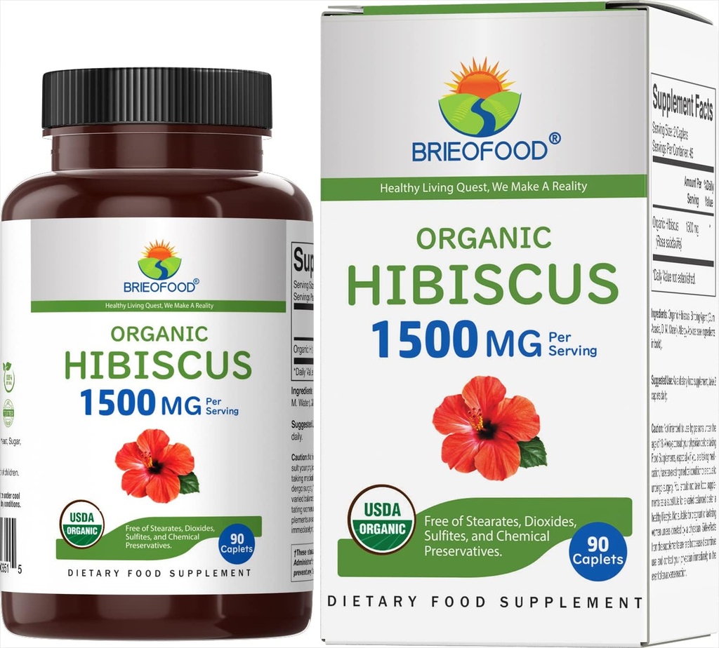 Brieofood Organik Hibiscus 1500 mg, 45 Hizmet, Vegetarian, Gluten Free, 90 Vegetarian Tablets