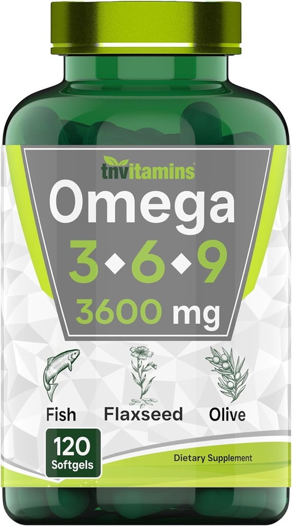 Tnvitamins Triple Omega 3 Creation 6 Creation 9: 3600 mg x 120 Softgels | Omega Essential Fatty Acids from Fish Oil (EPA & DHA), Flaxseed (ALA & LA), & Olive Oil (OA) | Supplement for Women & Men | Non-GMOgel