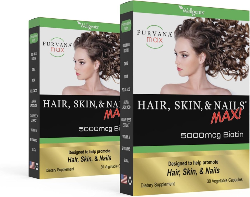 Purvana Max Saç, Skin, ve Nails Vitamini - 5000mcg Biotin, Folic Acid, DMAE, Grape Tohumu - Bir Gün Vegan Saç, Skin, Nails Desteği - Collagen Production - 30 Caps (Pack of 2)