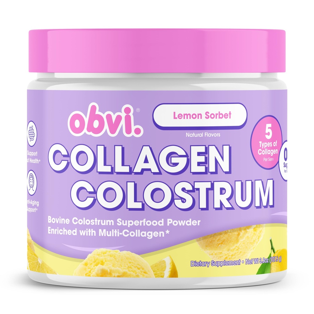 Obvi Collagen Peptide Colostrum Toz | Multi-Collagen, with Grass-Fed Bovine Colostrum | Supports Gut Health, Immune, Skin & Hair | Gluten-Free, Keto-Friendly | Lemon Sorbet, 30 Hizmet