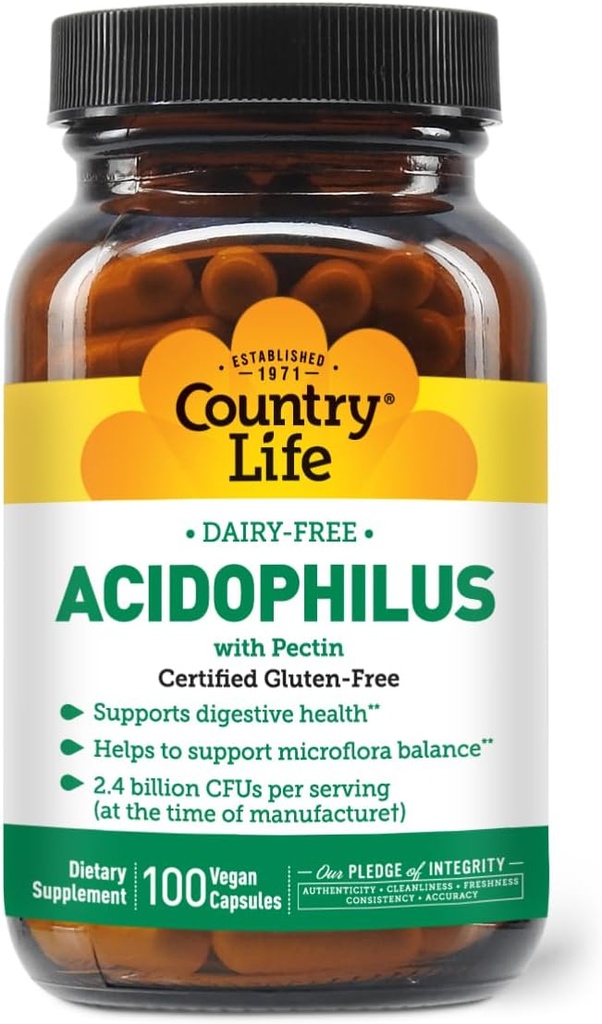 Country Life Acidofilius Probiyotik Supplement for Women & Men - Free from Common Allergens - 2.4 Milyar CFUs to Support Digestive Health - Dairy-Free, Non-GMO, 100 Vegan Capsules
