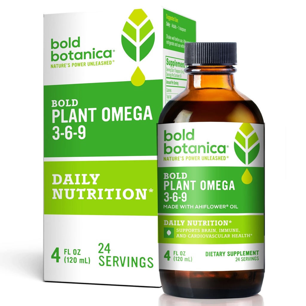 Bold Botanica Plant Omega 3-6-9, Ahiflower Oil, Vegan Omega 3, Brain & Immune Health, Better Than Flax, Fish Free, Great Taste, Sugar-Free, Non-GMO, Liquid- 4 oz