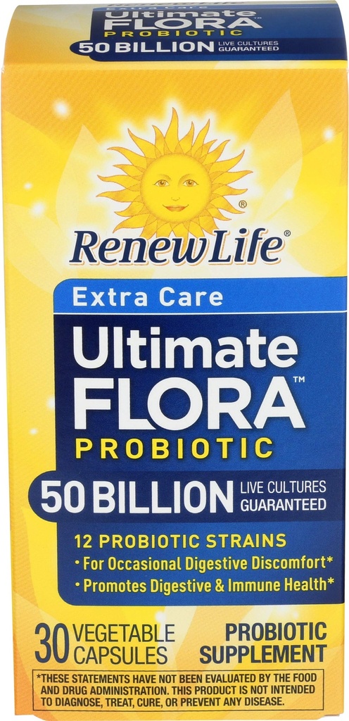 Renew Life Extra Care Digestive Probiotic Capsules, 50 Billion CFU Guaranteed, Daily Supplement Supports Immune, Digestive, Respiratory Health(1), L. Rhamnosus GG, Dairy, Soy and Gluten-Free, 30 Count