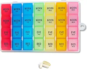 Weekly Pill Organizer 4 Times a Day, 7-Day Pill Boxes, Monthly Medication Organizer 28 Days Portable Compartments & Moisture-Proof Outer Case for Vitamins, Fish Oils, Supplements(Color)
