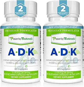 Power By Naturals Συμπλήρωμα βιταμίνης ADK: Βιταμίνη Α, Βιταμίνη D3 5000 eu, και Βιταμίνη K2 MK-7, Συμπλήρωμα βιταμίνης ADK υποστήριξης για την υγεία των οστών, Καθαρή βιταμίνη D3 K2 MK7 & A, Συσκευασία 2 (60 κάψουλες το καθένα)