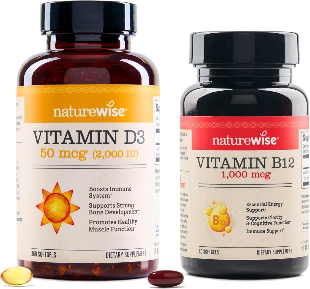 NatureWise Vitamin D3 2000iu 360 Kont ve B12 100006 için 60 Softgels, Immune Support ve Sağlıklı Kas Fonksiyonu