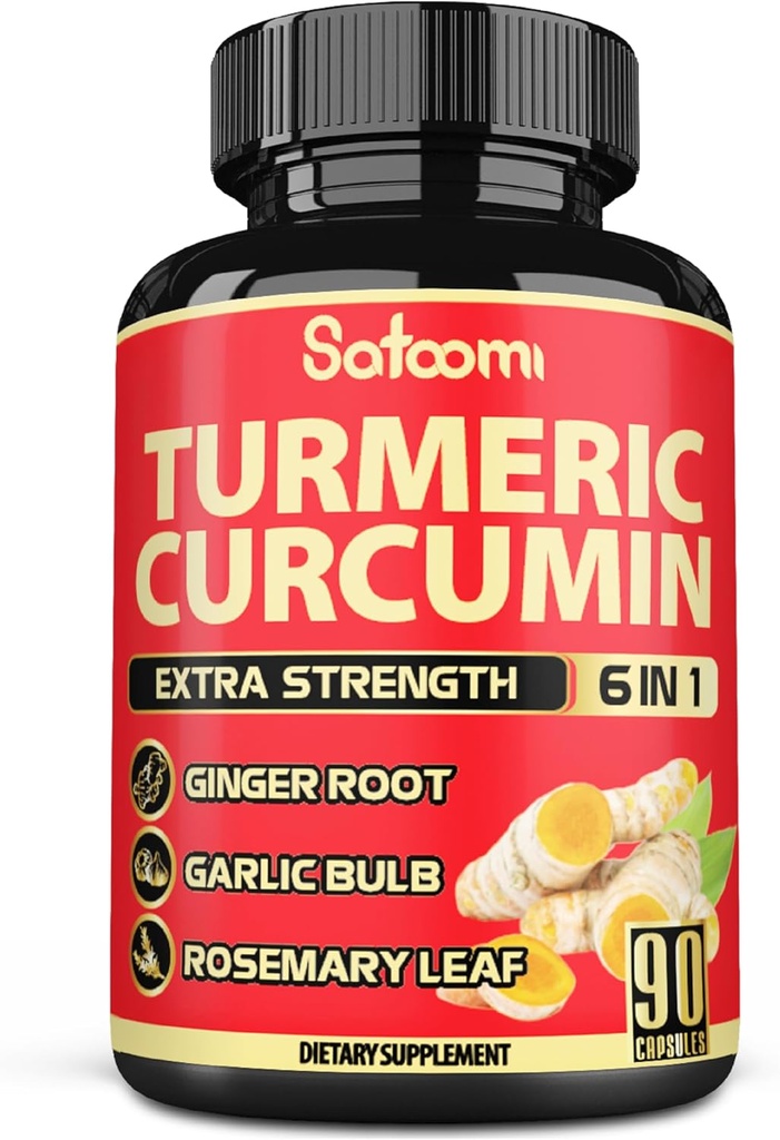 Satoomi 6in1 Turmeric Curcumin Supplement - 3 Μήνες Προμήθεια - 95% Κουρκουμινοειδή με Ρίζα Ginger, Σκόρδο, Δενδρολίβανο & Μαύρο Πιπέρι - 90 Κάψουλες