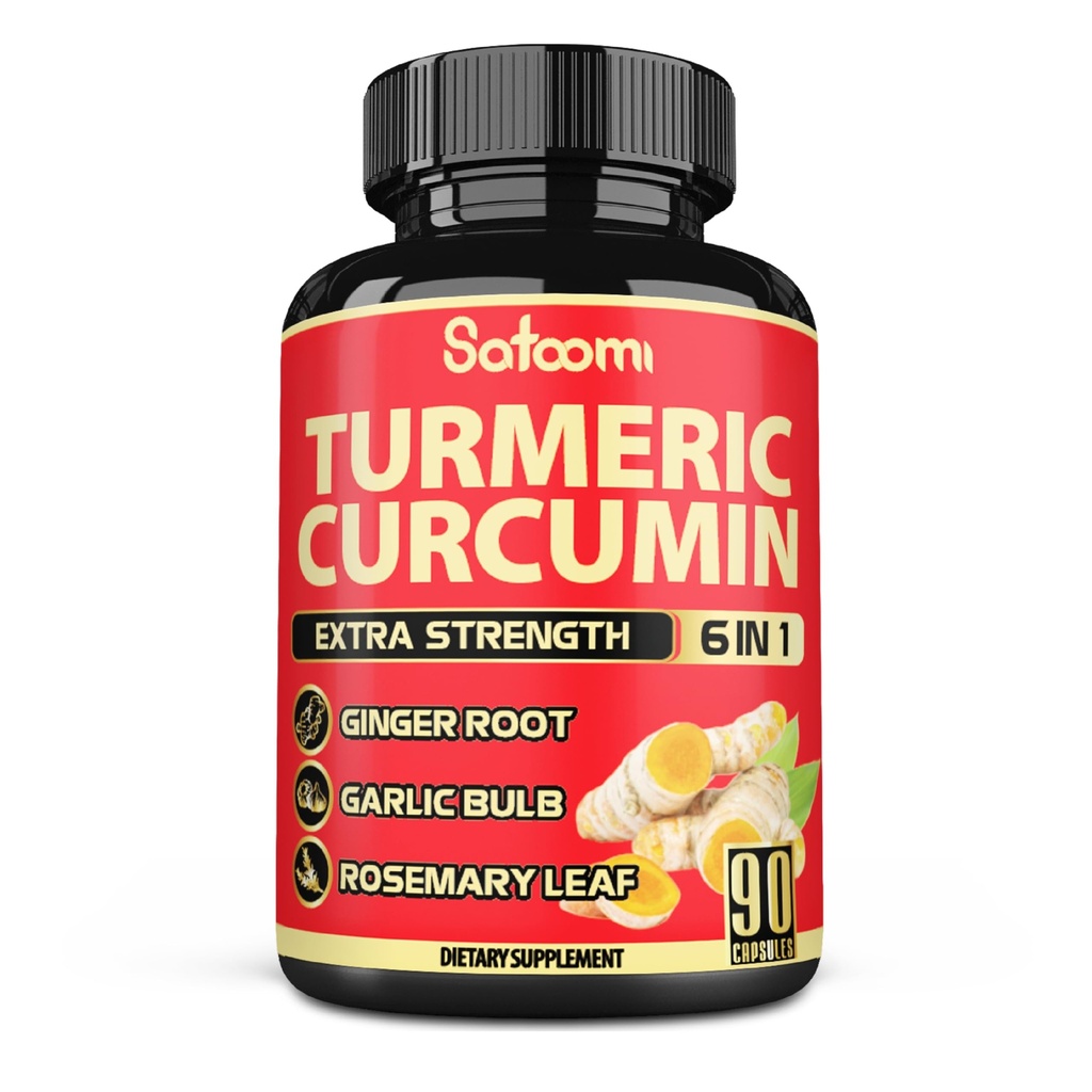 Satoomi 6in1 Turmeric Curcumin Supplement - 3 Ay Supply - Ginger Root, Rose Bulb, Rosemary & Black Pepper - 90 Capsules