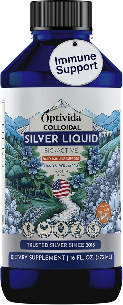 Optivida Health Colloidal Silver Liquid (16 Oz) – Premium Nano Gümüş Colloidal Supplement for Daily Wellness & Immune Support, Natural Liquid Silver Hydrosol for Yetişkinler & Kids, Non-GMO, Gluten-Free-GMO, Gluten-Free-Free