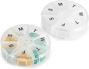 Haftalık Pill Organizer - (Pack of 2) 7 Day Pills Konteyner, Round Medicine Organizer Box, Günlük Hafta Pill Hatırlatıcı Vaka Seyahat Dostu, Ted-Free Vitamin, Supplement, Fish Oil, Drug Planlayıcı