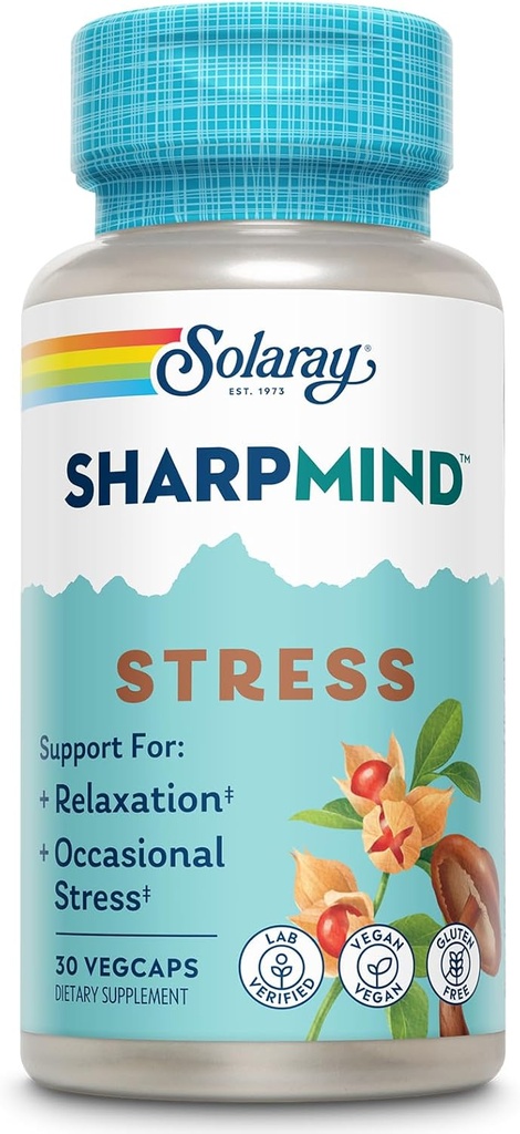 SOLARAY SharpMind Stres, Nootropic Mood Support Supplement for Relaxation and Occasional Stress Relief Support, Adaptogen with Ashwagandha, L Theanine, 60 Day Money Guarantee, 30 Serv 30 VegCaps