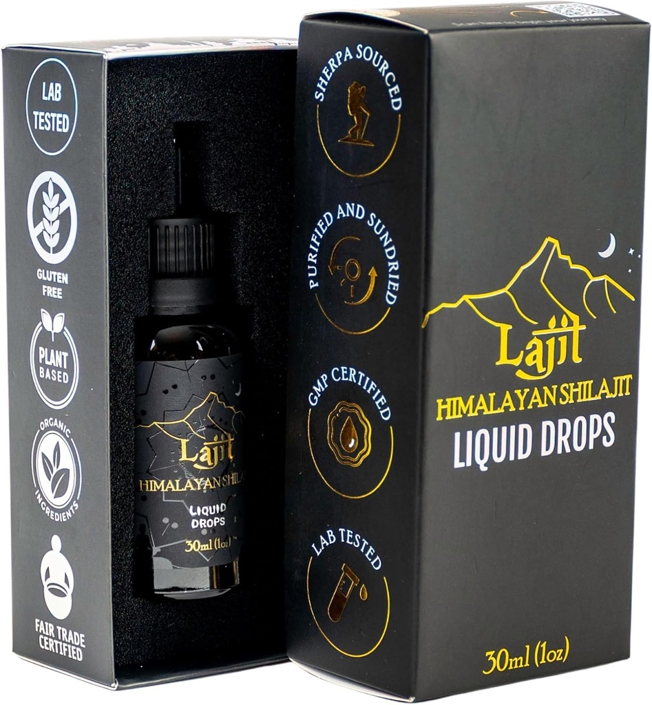 Lajit Gold Grade Himalaya Shilajit Liquid Drops – Organik, Sun-Dried – Bio available Nutrients - Fulvic Acid, 85+ Trace Minerals - Lab Erkekler ve Kadınlar için Test Edildi – Doğal Enerji, Immunity, Güçlü- 30 ml