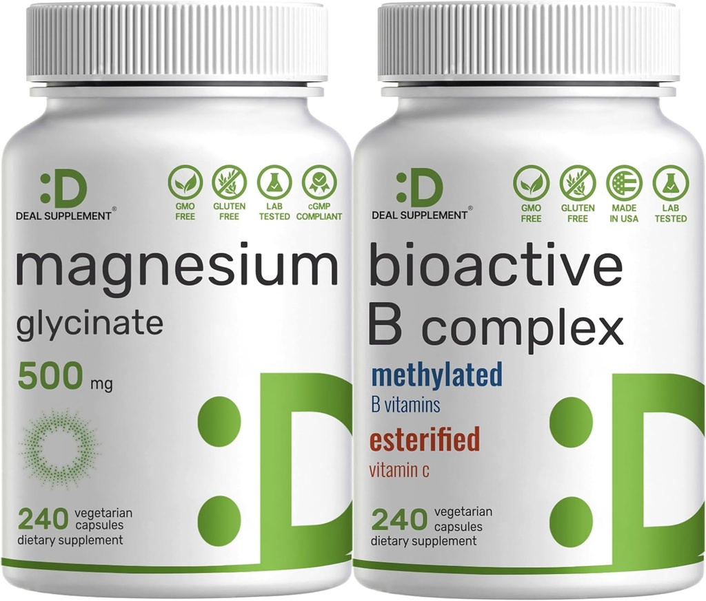 Magnezyum Glycinate 500 mg Veggie Capsules & Bioaktif Vitamin B Kompleksi Paket - Kolay Absorbed Chelated Mineral - Immune, Energy, & Metabolism Supplement