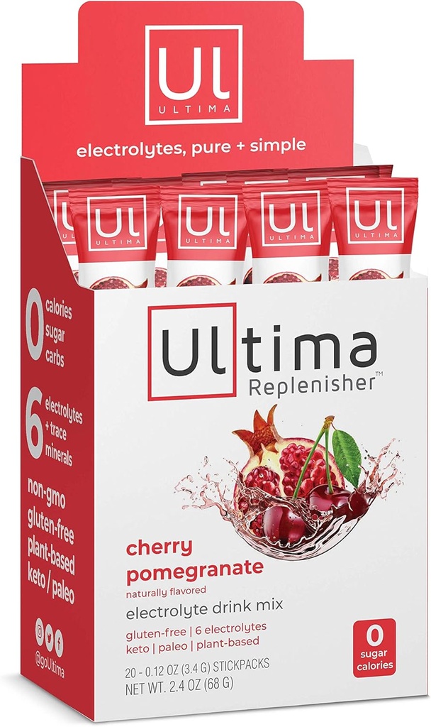 Ultima Replenisher Electrolyte Hydration Drink Mix, Cherry Pomegranate, 20 Service Stick Box, no Sugar, no Carbs, no Calories, Keto, Gluten-Free, Non-GMO, Vegan
