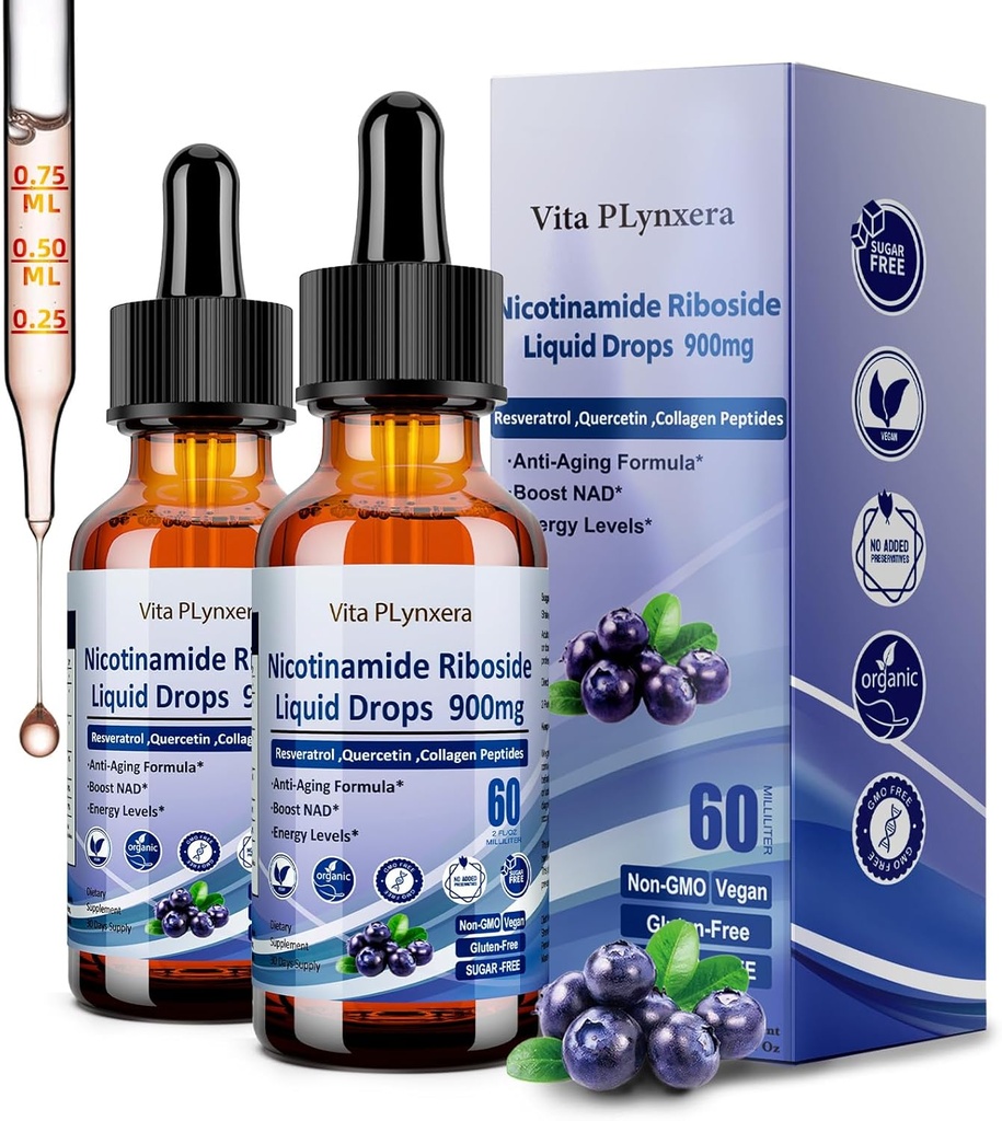 2 Pack NAD συμπληρώματα για γυναίκες & άνδρες, NAD Νικοτιναμίδη Ριβοσιδική ρεσβερατρόλη 900mg & Quercetin, Νιασίνη, Κολλαγόνο, Βιοτίνη, υγρό NAD Plus συμπλήρωμα NR900 για την καταπολέμηση της γήρανσης της επιδερμικής ενέργειας Longevity Focus