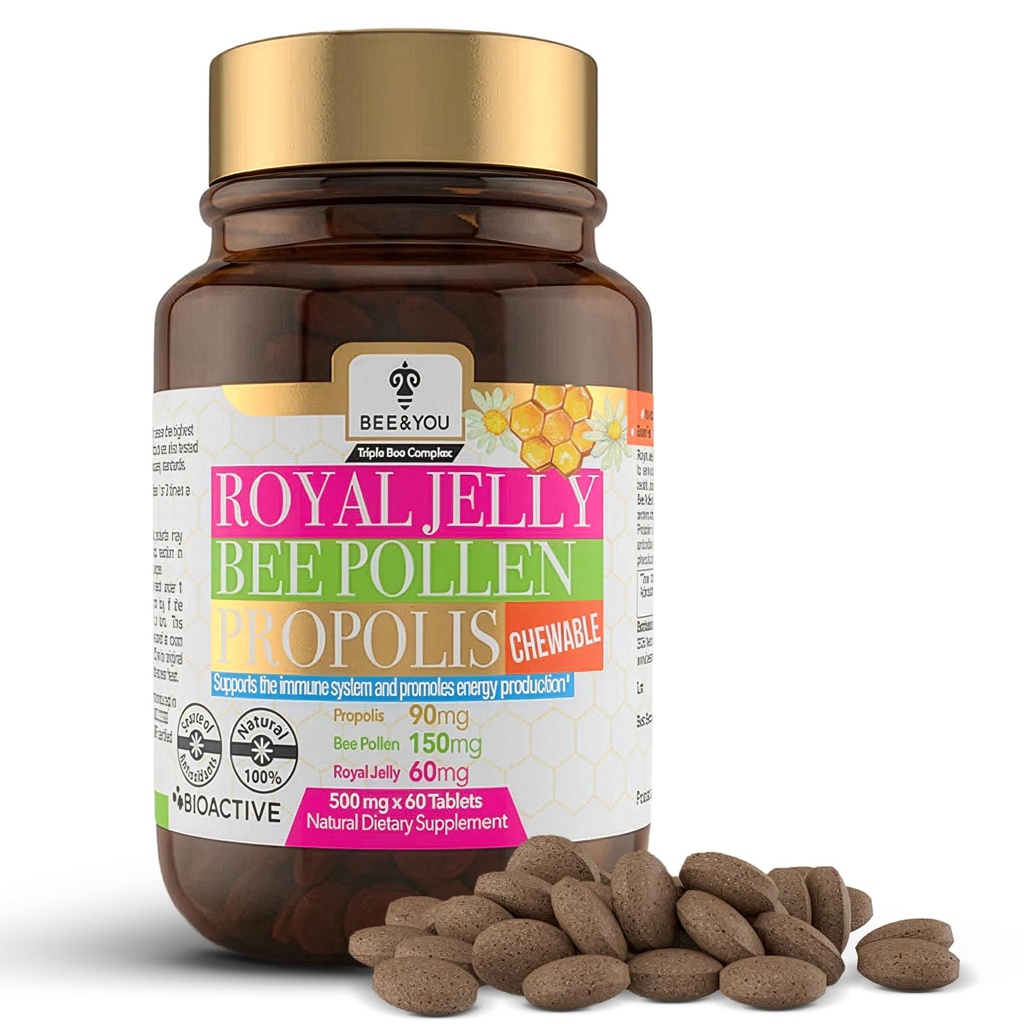 BEE and You Royal Jelly + Propolis + Bee Γύρη Μασώμενα Δισκία - Υψηλή Ικανότητα - Όχι Τεχνητή Γεύση / Συντηρητικά - Όχι Προστιθέμενη Ζάχαρη - Όχι Σόγια/Γελατίνη/ΓΤΟ/Γλουτένη, 500 mg x 60 Δισκία