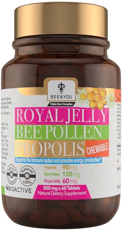 BEE ve You Royal Jelly + Propolis + Bee Pollen Chewable Tabletler - Yüksek Potency - Yapay Flavor / Preservatives - Hayır Eklenmemiş Sugar- No Soy/Milk/Gelatin/GMO/Gluten, 500 mg x 60 Tablet