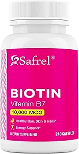 Safrel Biotin (Vitamin B7) 10.00006 (10 mg) Vitamin Tamam, 240 Capsules - Vegetarian, Gluten Free, Quick release, Non-GMOMO