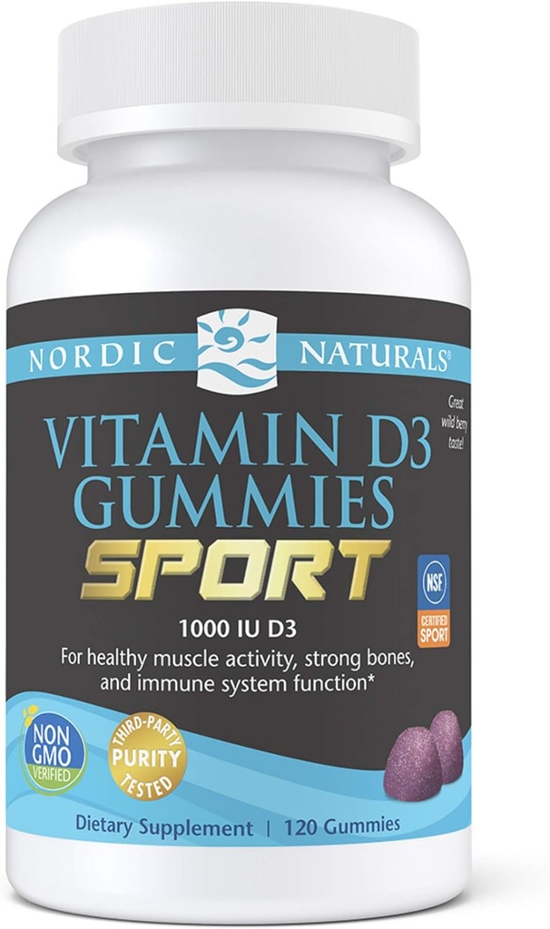 Nordic Naturals Vitamin D3 Gummies Sport, Wild Berry - 120 Gummies - 1000 IU Vitamin D3 - NSF Sertifikalı - Sağlıklı Bones, Mood & Immune System Function - Non-GMO - 120 Hizmetler