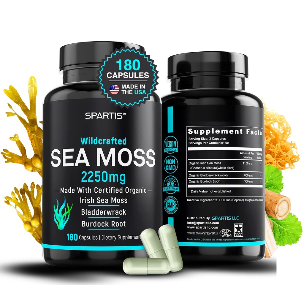 Sertifikalı Organik Deniz Moss Capsules 2250 mg Wildcrafted Irish Sea Moss Burdock Root Bladderwrack Supplement Raw Seamoss Pills & Toz (180-Caps)