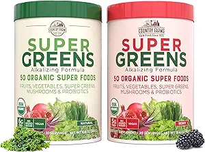 COUNTRY FARMS Super Greens Power Pack, 50 Organik Süper Gıdalar, Gut Health & Bloating Relief, Supports Energy, Unflavored & Berry, 40 Servis