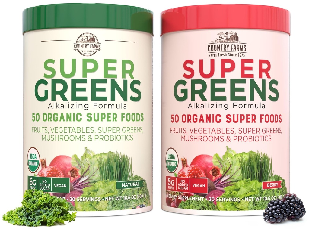 COUNTRY FARMS Super Greens Power Pack, 50 Organik Süper Gıdalar, Gut Health & Bloating Relief, Supports Energy, Unflavored & Berry, 40 Servis