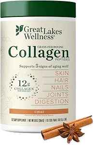 Great Lakes Wellness Collagen Peptides Powder for Skin, Hair, Nails, Joints & Digestion - Chai Flavored - Quick Dissolve Hydrolyzed, Non-GMO, Kosher - 10 oz