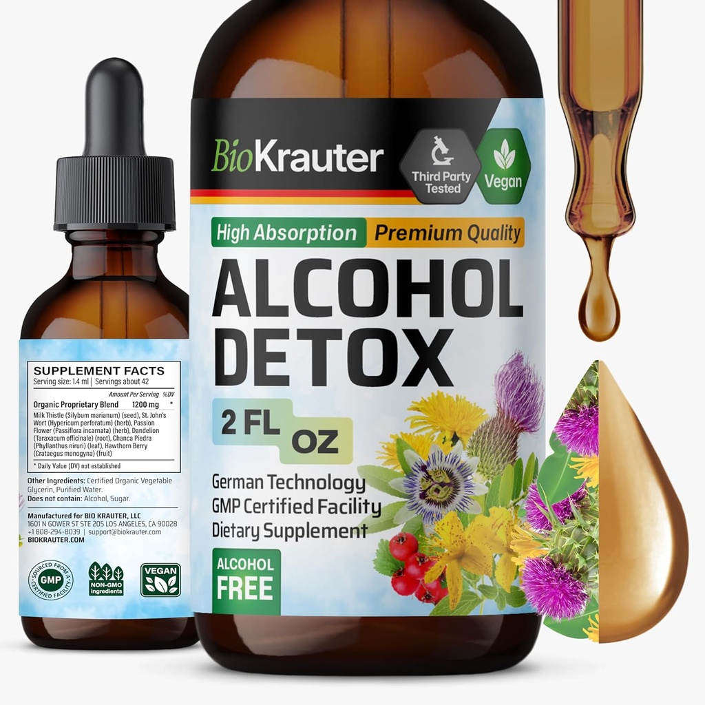 BIO KRAUTER Αλκοόλ Detox Βάμμα - Liver Cleanse & Detox Formula - Milk Thittle & Dandelion - Liquid Extract Υποστήριξη ήπατος - Αλκοόλ και ζάχαρη Χωρίς - Vegan Drops 2 Fl.Oz.