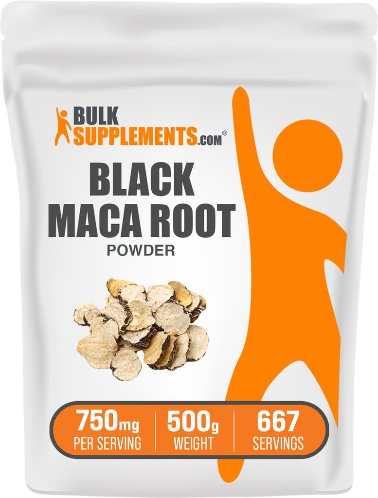 BulkSupplements.com Black Maca Powder - Black Maca Root Supplement, Βότανο συμπλήρωμα για άνδρες & γυναίκες - Vegan, Χωρίς γλουτένη, 750mg ανά σέρβις, 500g (1.1 lbs) (πακέτο των 1)