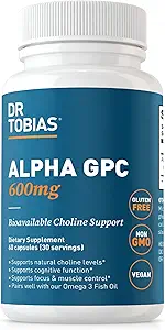 Dr. Tobias Alpha GPC 600 mg In Service - Bio available Choline Supplements for Brain, Memory and Focus - Premium Nootropic Alpha GPC Choline Supplement, Vegan, Non-GMO, 60 Capsules, 30 Servisler