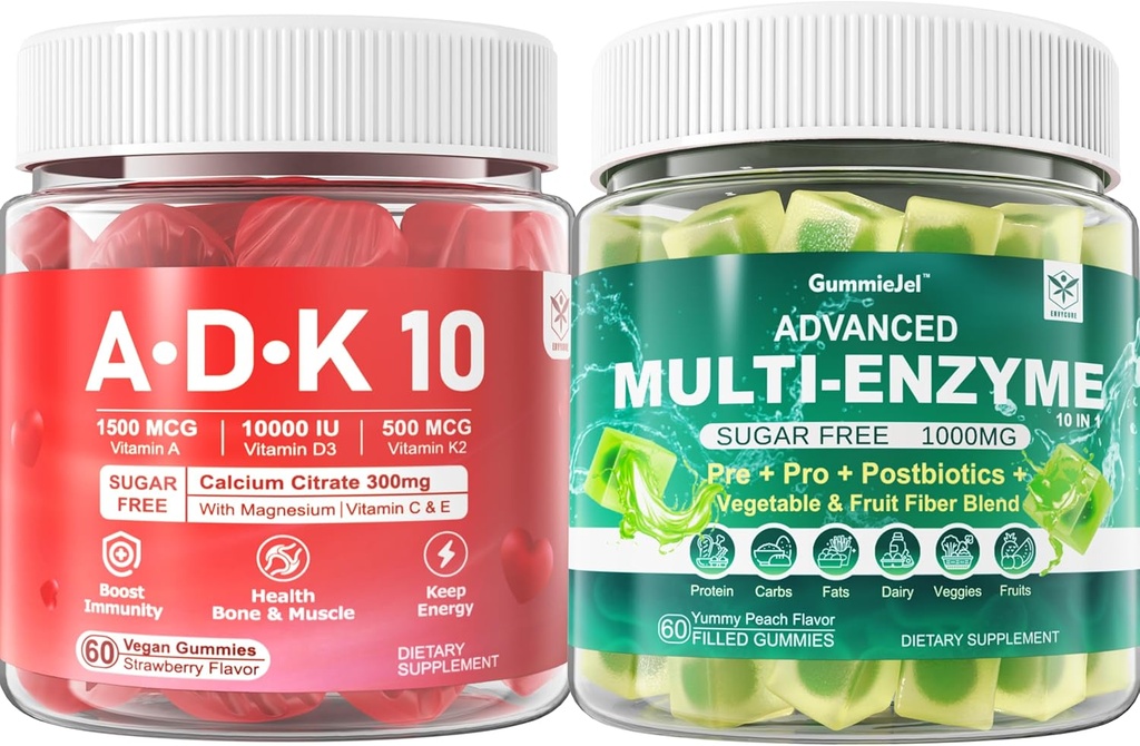 Digestive Enzymes Gummies 1000mg Chewable - Break Down Food Quickly, 90 Billion CFU, Probiotic, Postbiotic, Prebiotic & Fiber Blend & Vitamin ADK Gummies + Calcium Magnesium Zinc Supplement