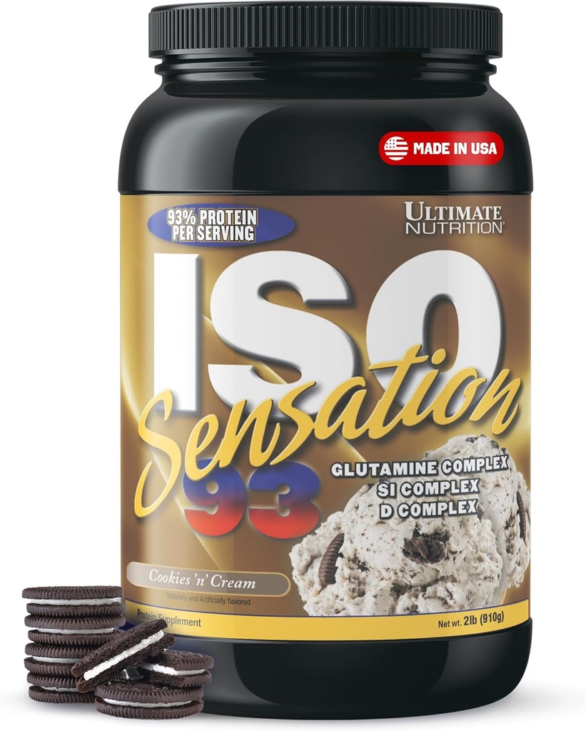 Ultimate Nutrition Whey Protein Isolate Toz Glutamine Kompleksi, ISO Sensation 93 - Whey Protein Tozu Gelişmiş Kurtarma için Eklenmiş Colostrum, Immunity & Gut Health - Kurabiyeler N Cream, 2lbs