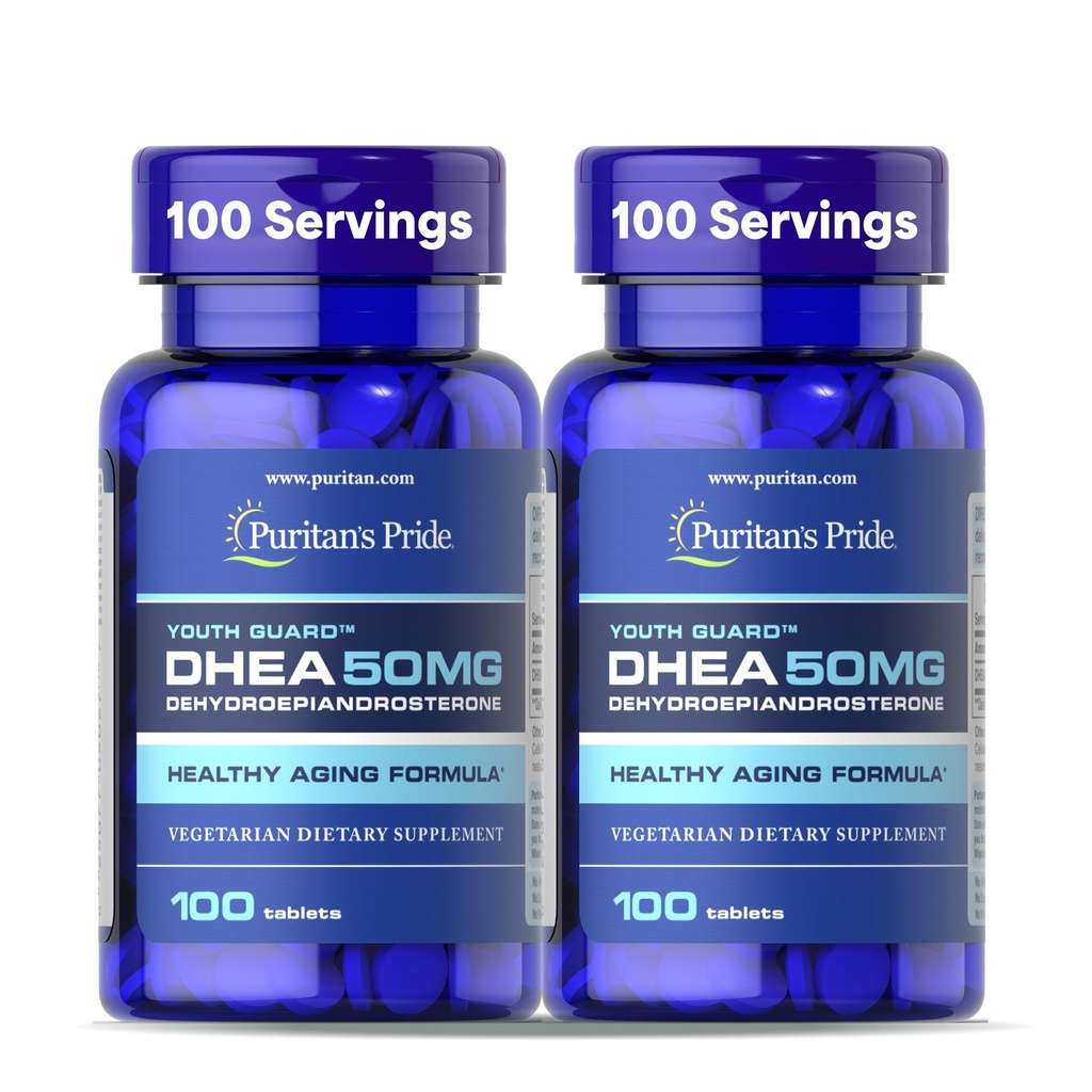 Puritan's Pride Youth Guard DHEA for Women and Men 50mg, Diyetary Supplement for Health Aging, 3 Ay Supply, 100 Tablet, 2 Pack